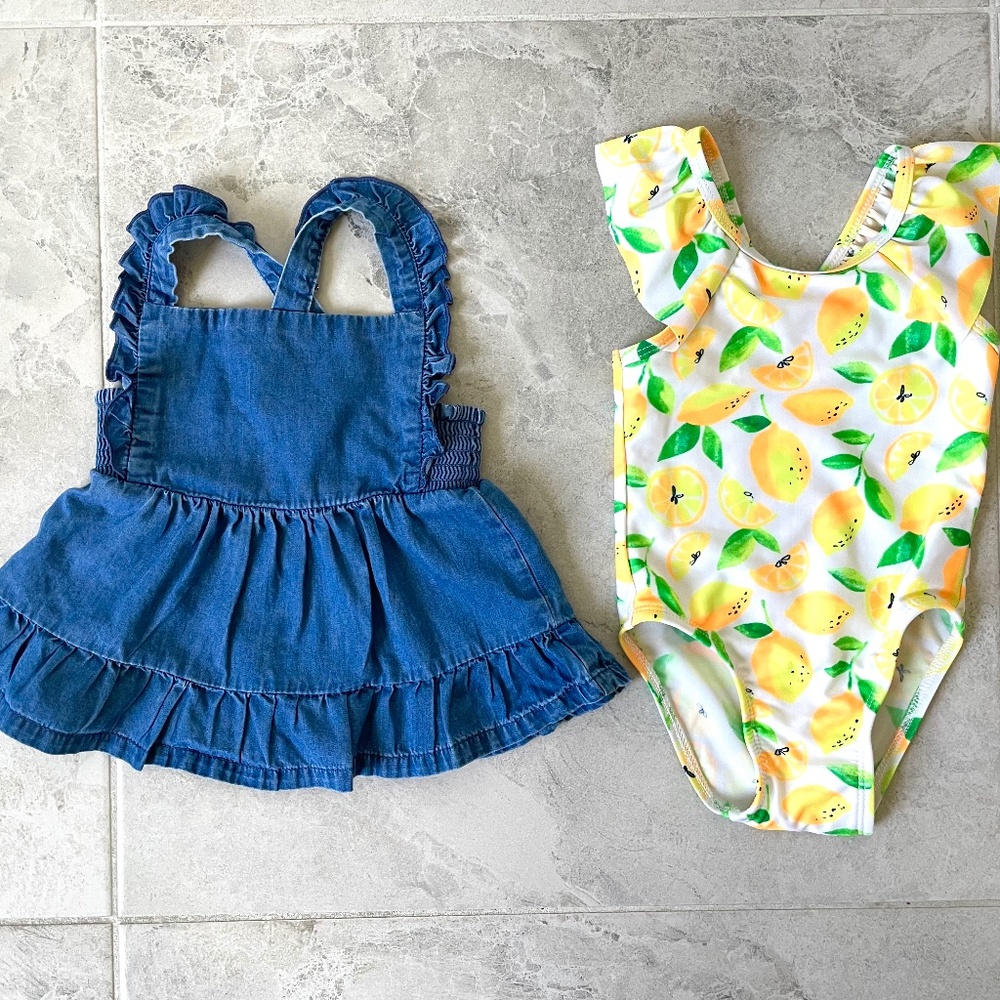 Baby Girl Denim Jumper Dress w Ruffles Swimsuit Fruits NWT 12M Cat & Jack